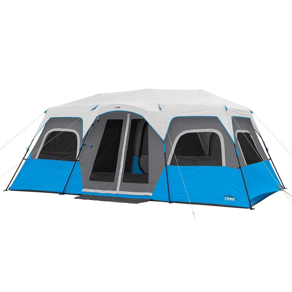 CORE Instant Cabin Tents with LED Lights | Family Multi Room Lighted Pop Up Tents for Camping | Included Storage Pockets for Camping Accessories