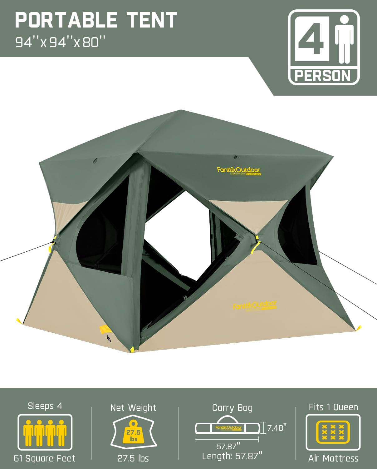 4-Person Instant Pop Up Cabin Camping Tent