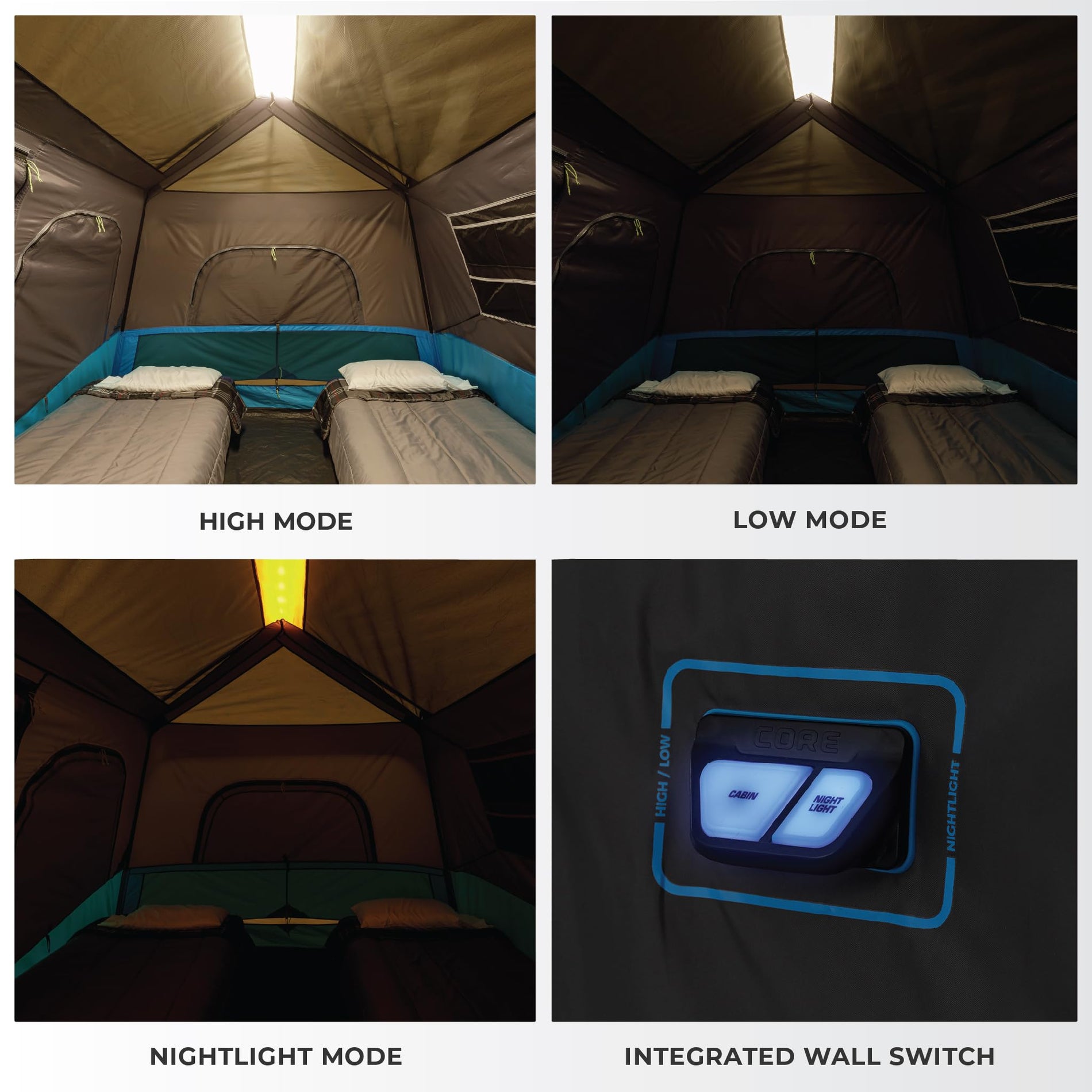CORE Instant Cabin Tents with LED Lights | Family Multi Room Lighted Pop Up Tents for Camping | Included Storage Pockets for Camping Accessories