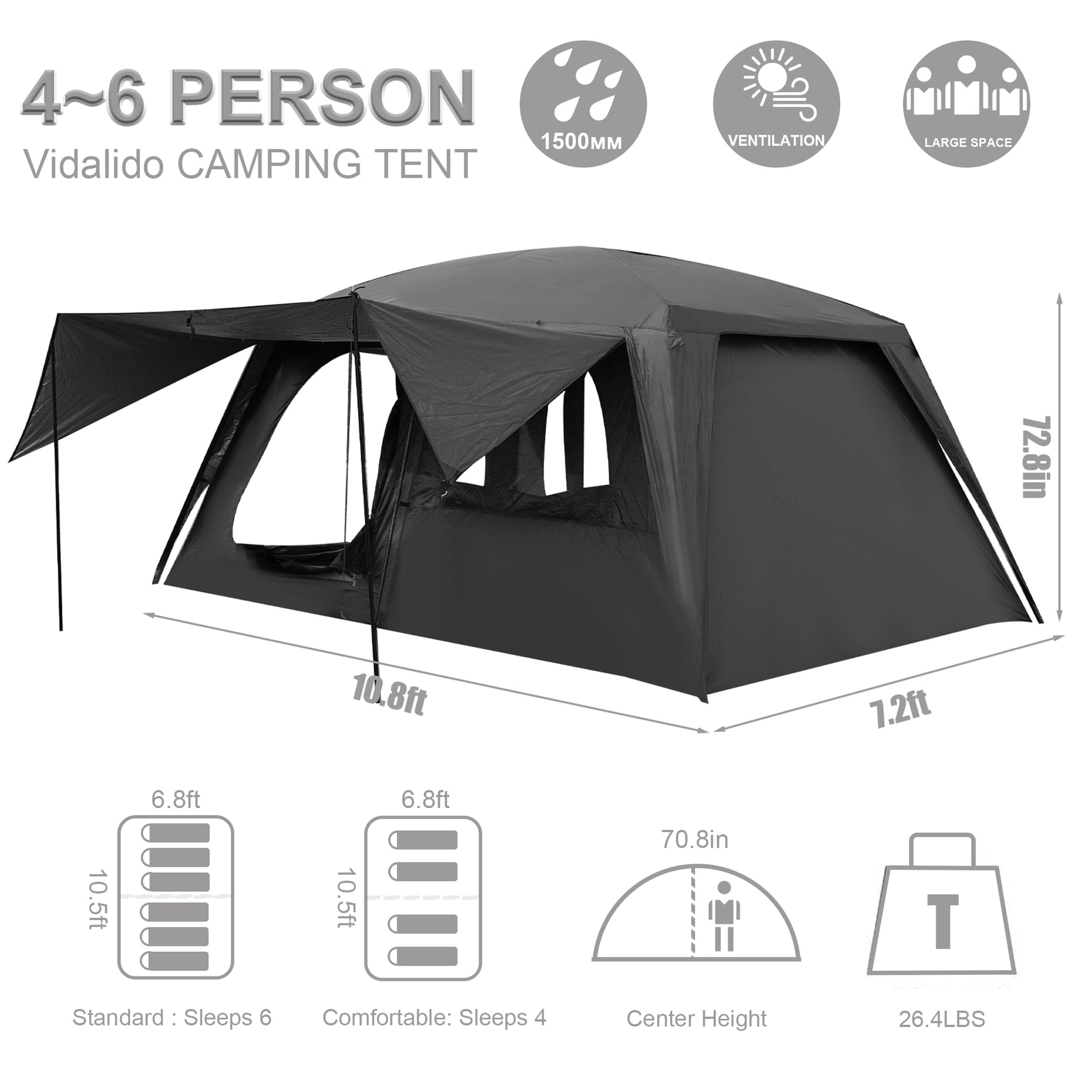 4-6 Person Family Cabin Tent 2-Room Waterproof