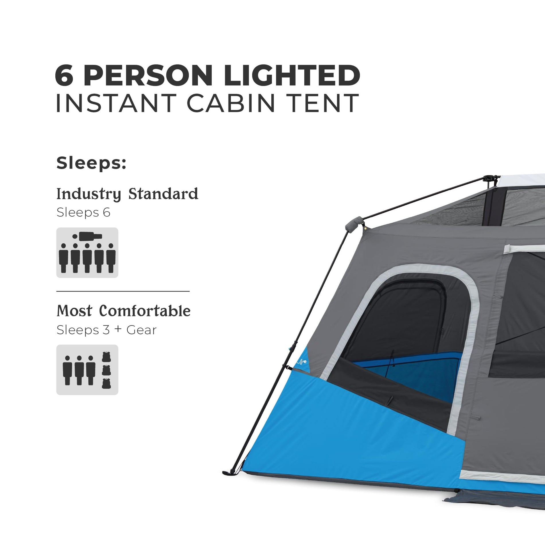 CORE Instant Cabin Tents with LED Lights | Family Multi Room Lighted Pop Up Tents for Camping | Included Storage Pockets for Camping Accessories