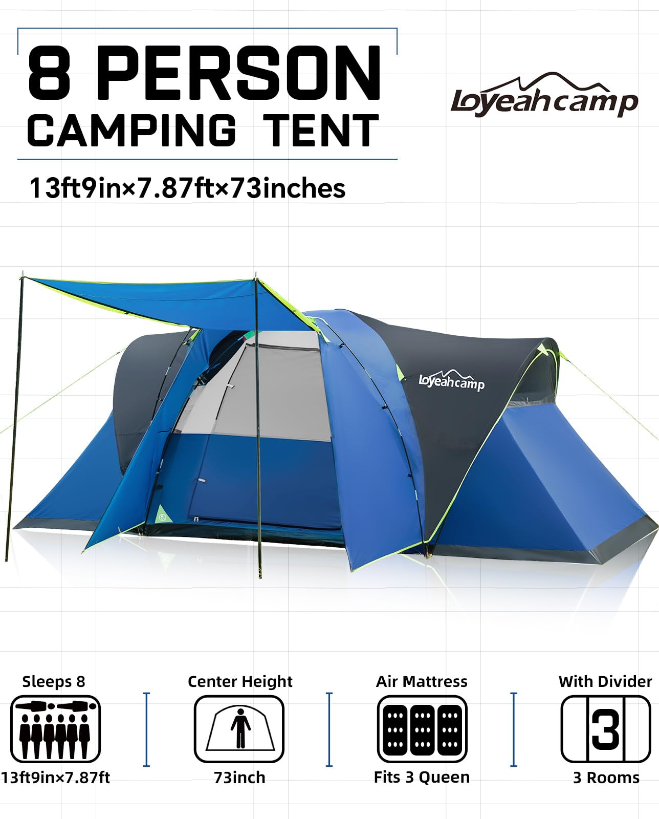8-Person 3-Room Family Dome Camping Tent