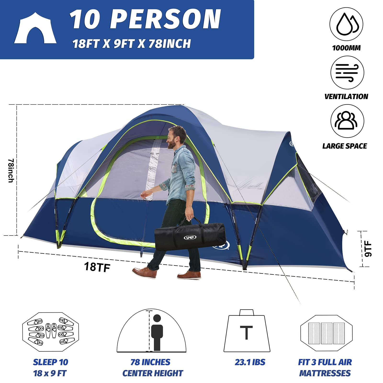 10-Person Family Camping Tent 2-Room Waterproof