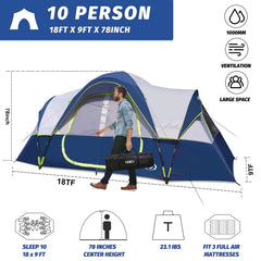 10-Person Family Camping Tent 2-Room Waterproof