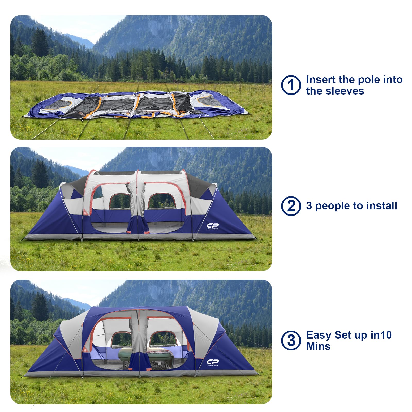 12-Person 3-Room Family Camping Tent Waterproof
