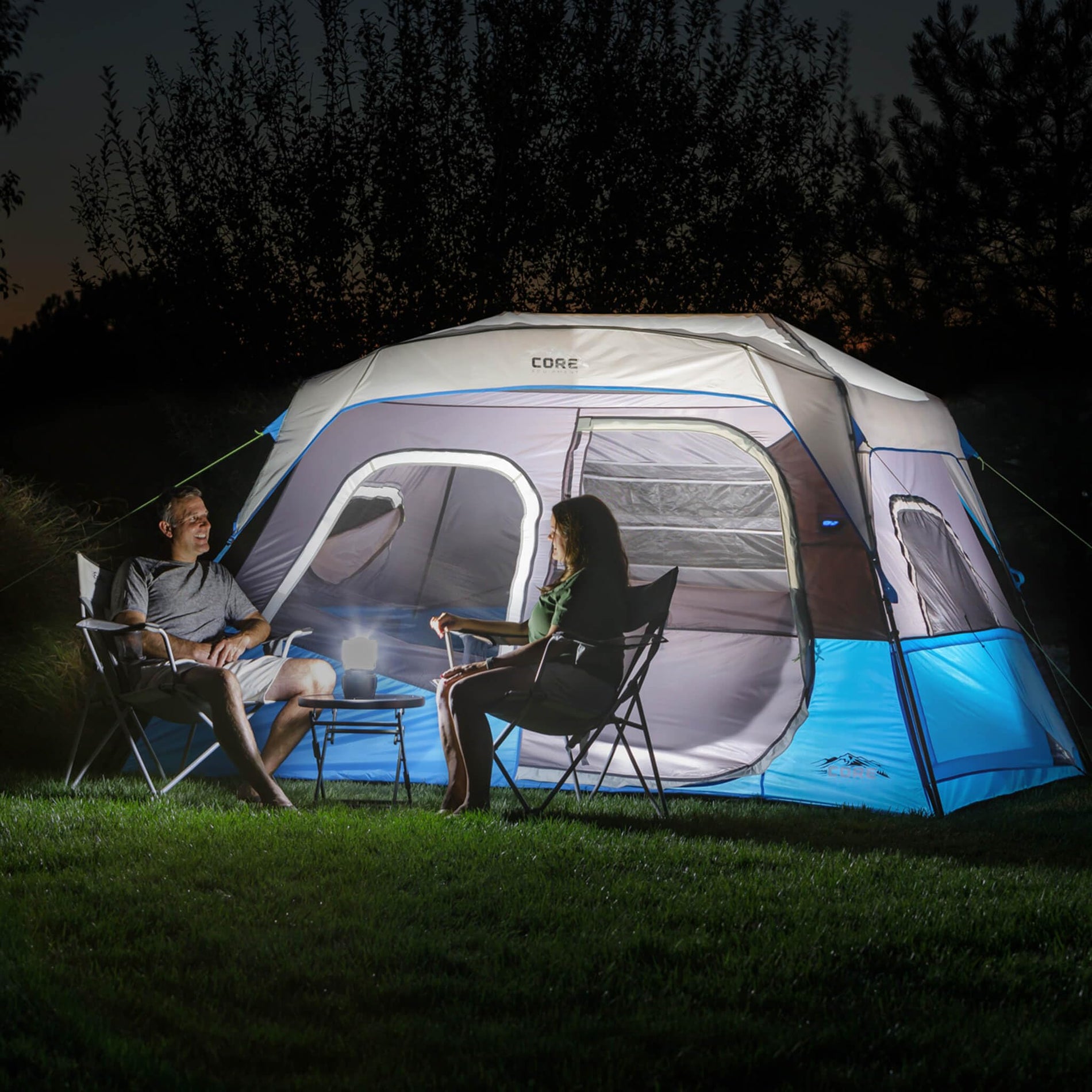 CORE Instant Cabin Tents with LED Lights | Family Multi Room Lighted Pop Up Tents for Camping | Included Storage Pockets for Camping Accessories