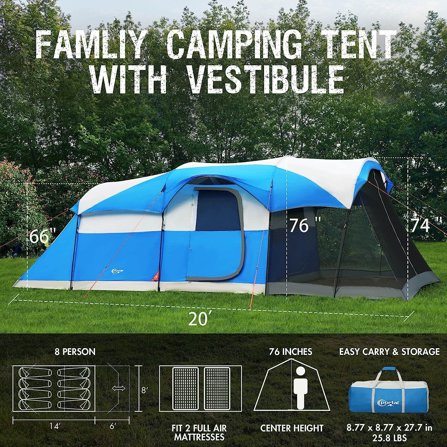 6-10 Person Family Camping Tent with Screen Room